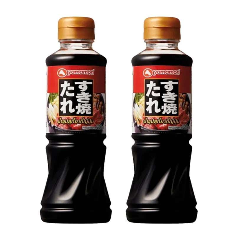 Yamamori Sukiyaki Soup 220ml bottles, Japanese dry grocery product with rich, savory soup flavor in clear bottles.