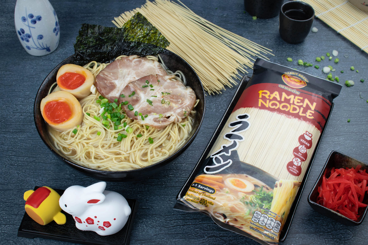 Dry grocery image of Rabbit Brand Ramen Noodles 400g, uncooked instant noodle package with brand logo and product details.
