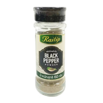 Raitip black pepper powder bottle, grocery product with a black cap and label, used for seasoning and cooking.