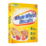 Whole Wheat Biscuits breakfast cereal in a bowl, showing golden, crispy whole wheat biscuits with milk.