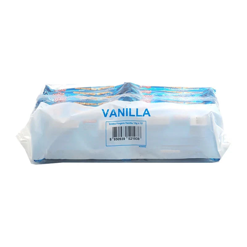 Arnott's Stikko Wafer Vanilla snack pack, 12g x 12, dry grocery snack with crispy vanilla-flavored wafers in a colorful packaging.