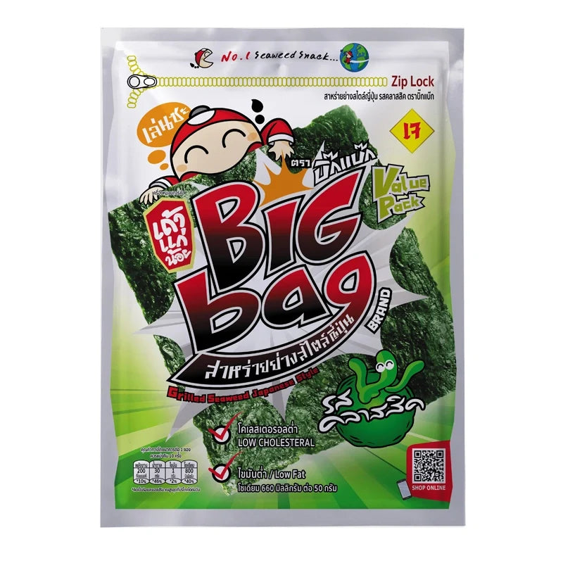 Grilled classic seaweed snack by Taokaenoi, 60g pack, dry grocery snack, crispy and flavorful Japanese seaweed product.