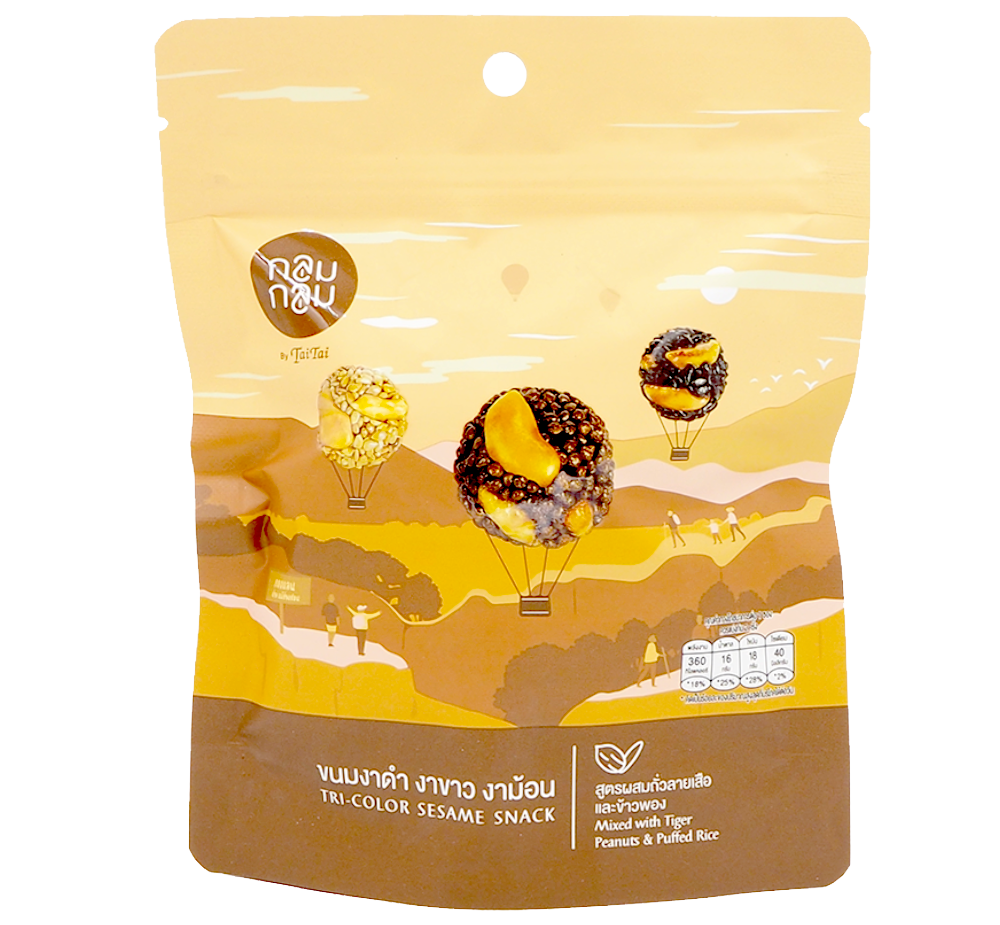 Tai Tai Tri-Color Sesame Snack mixed with tiger-shaped confectionery, colorful and crunchy, in a vibrant snack display.