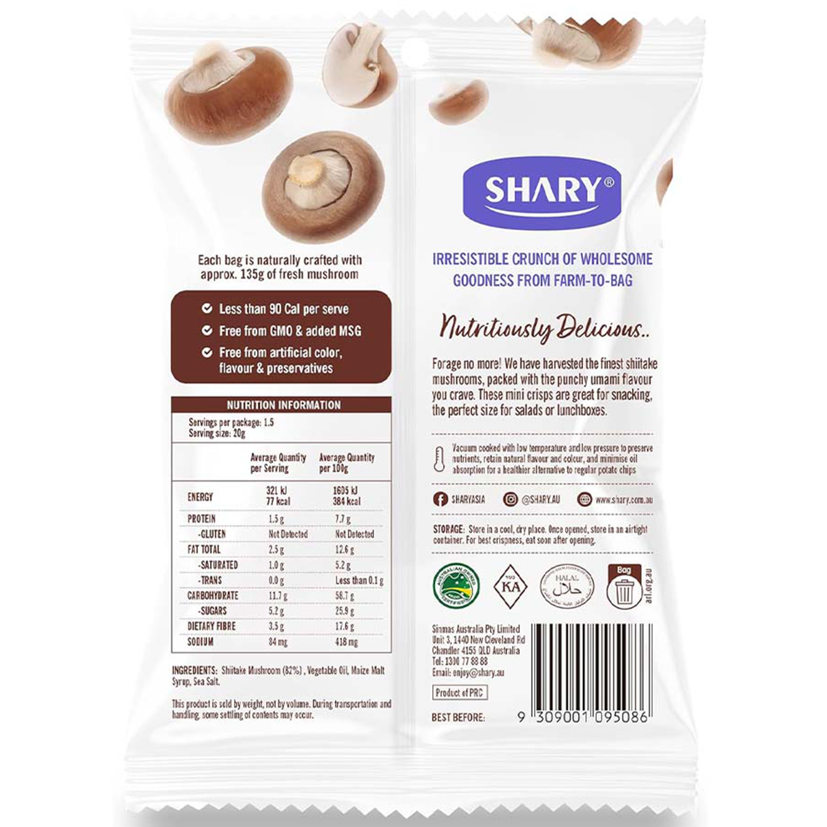 Shary Crisps Shitake Mushroom confectionery snacks in a colorful package with mushroom illustrations.