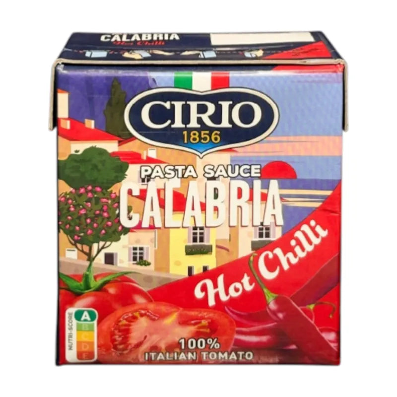 Cirio Calabria HOT Chili Pasta Sauce jar, dry grocery product with spicy chili flavor, ideal for pasta dishes and Italian cuisine.