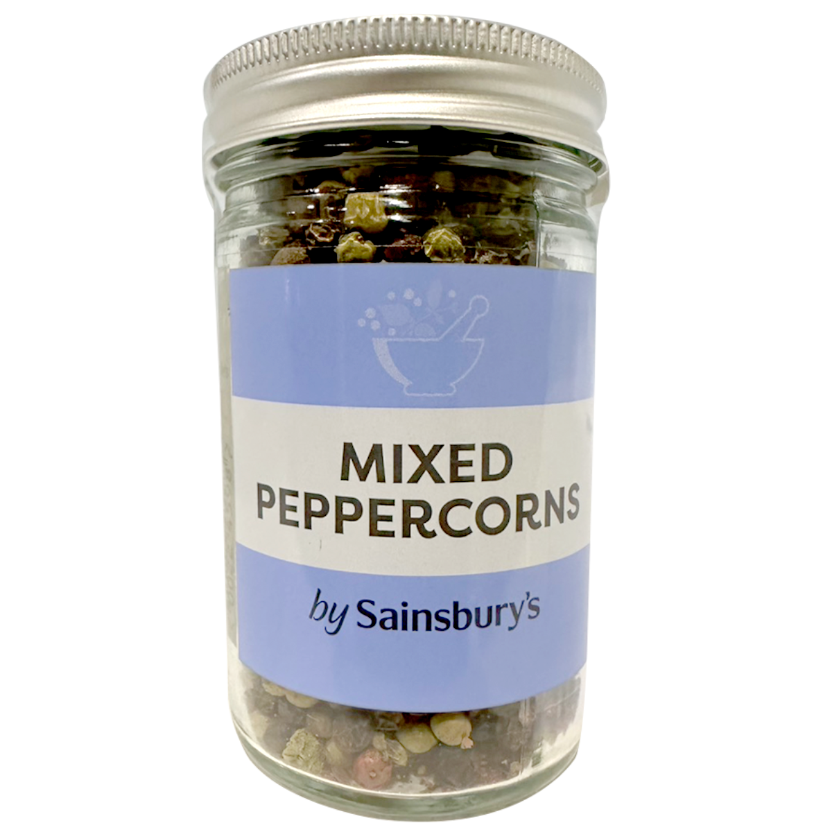 Sainsbury's mixed peppercorns in a clear jar, showing black, white, green, and red peppercorns for seasoning and flavoring.