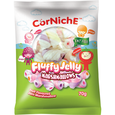 Corniche Fluffy Jelly Marshmallows, soft and colorful confectionery snacks with a chewy jelly texture, shown in a close-up image.