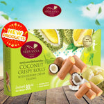 Sriwanna Coconut Crispy Rolls with durian cream filling, a Thai snack confectionery, showing golden crispy rolls with creamy durian filling
