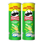 Two packs of PRINGLES Sour Cream Chips, 102g each, showing crispy snack chips in colorful packaging for dry grocery and snacks.