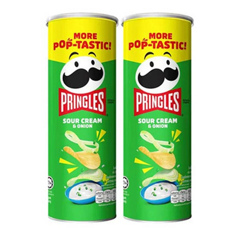 Two packs of PRINGLES Sour Cream Chips, 102g each, showing crispy snack chips in colorful packaging for dry grocery and snacks.