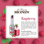 Bottle of MONIN Raspberry Fruit Mix in 1000ml container, used for culinary and beverage flavoring in dry grocery products.