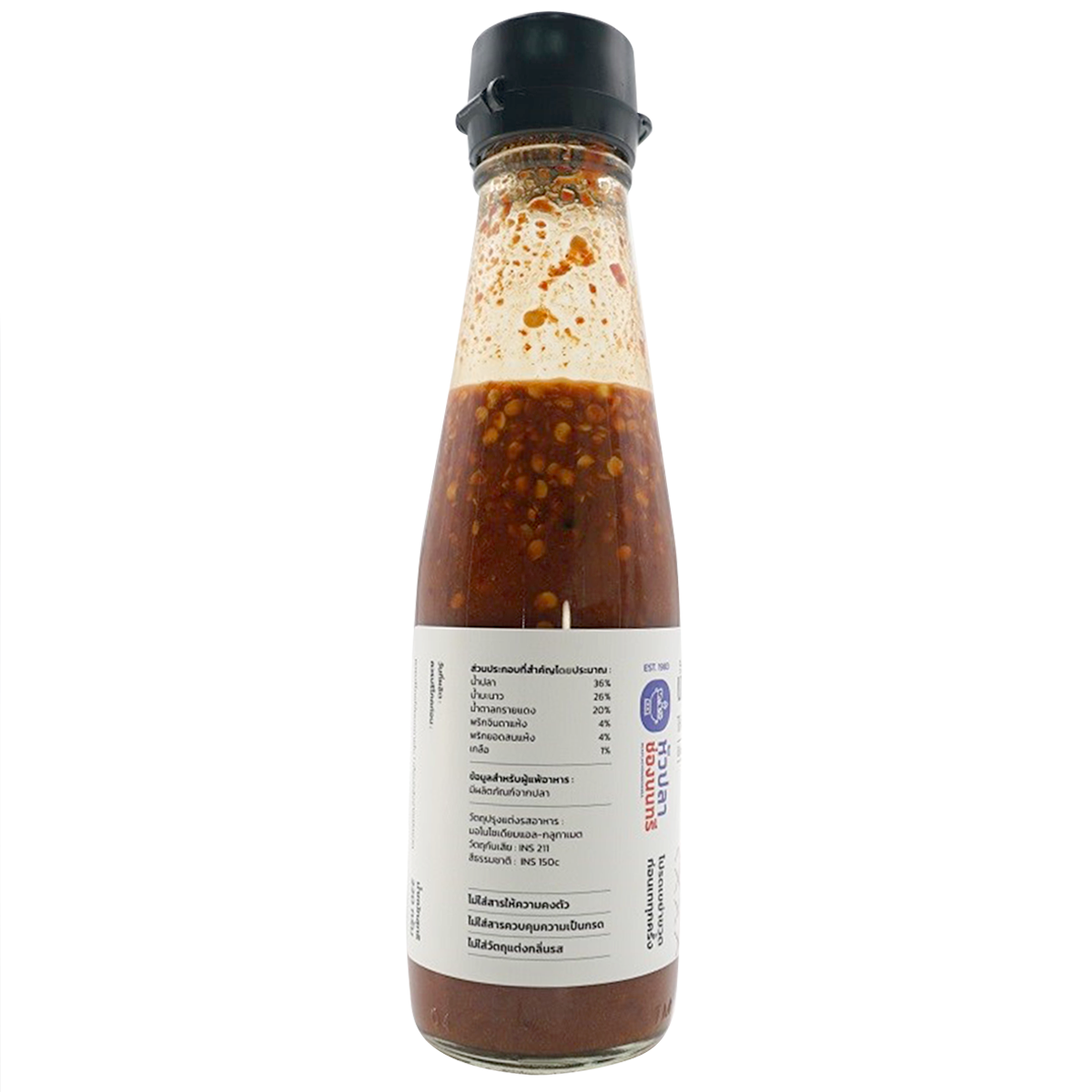Bottle of Tid Too Thai Jaew Chili Sauce in a clear glass container with a colorful label, ready for cooking or dipping.