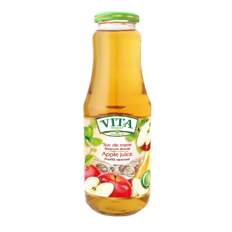 Vita healthy apple juice in a clear glass bottle with fresh apples around it, showcasing the vibrant, natural beverage.