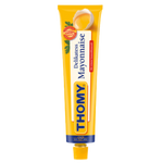 Thomy Delikatess Mayonnaise jar with label, creamy texture visible, on a grocery shelf.
