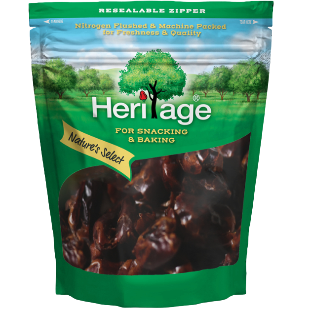 Heritage dried dates, a natural confectionery snack, showing glossy, plump dates with a rich brown color on a white background.