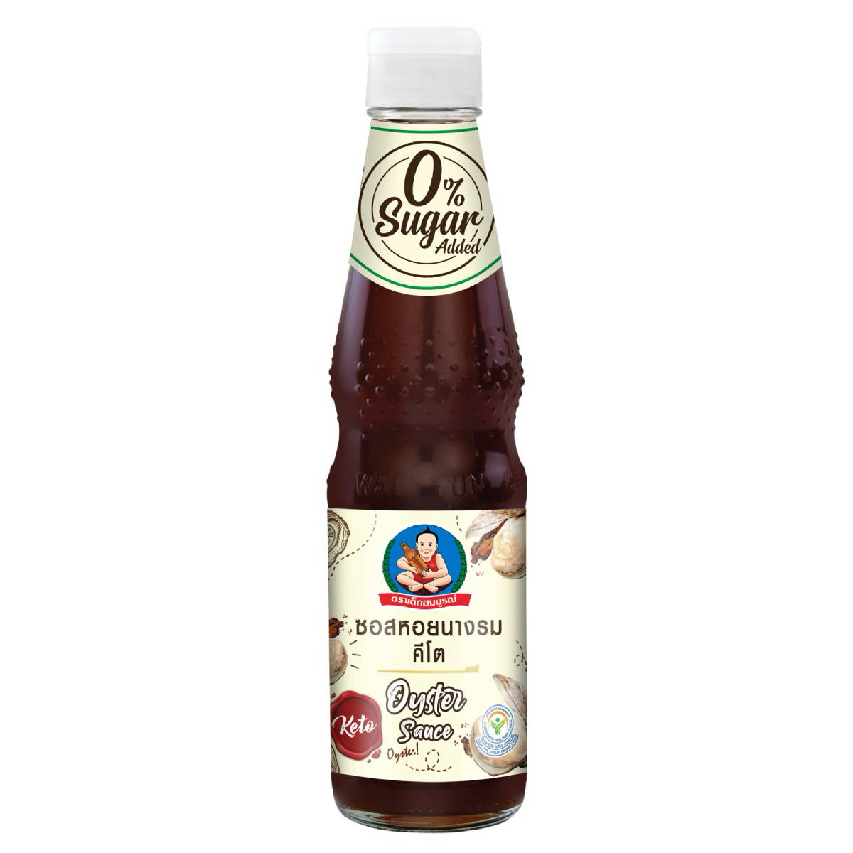 Deksomboon Keto Oyster Sauce bottle with label, placed on a kitchen countertop, highlighting the jar's golden sauce and branding.