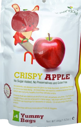 Greenday Crispy Apple confectionery snack with shiny, caramelized apple slices on a white background.