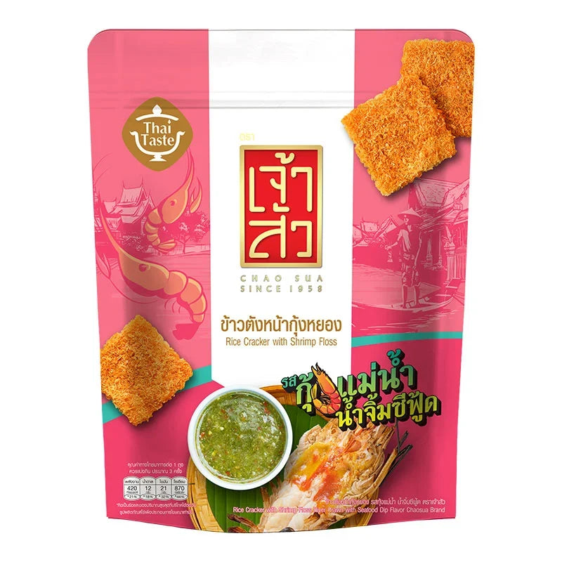 Chao SUA rice crackers with river prawn and seafood dip flavor, 80g, in a colorful snack package.