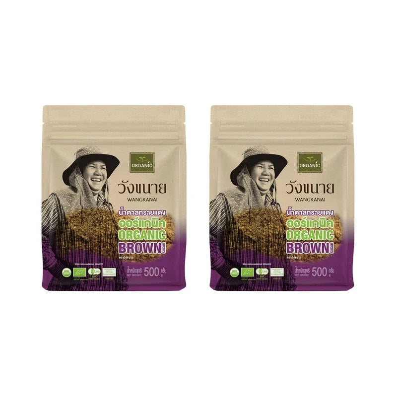 Wangkanai Organic Brown Sugar in a 500g package, showing the brown sugar granules in a clear container.