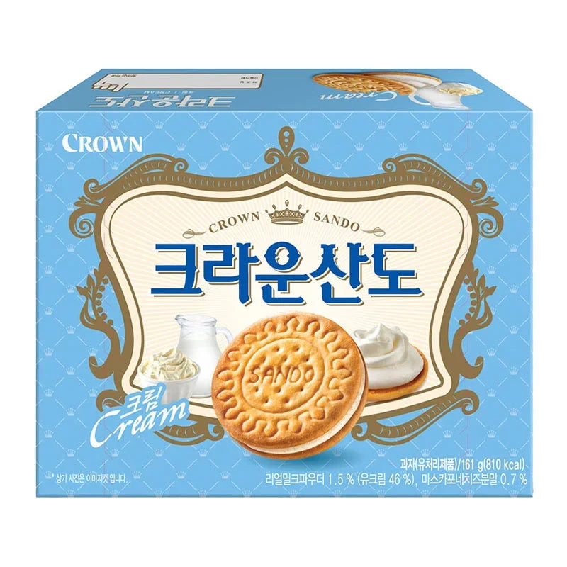 Crown Sando Cream Biscuit 161g, dry grocery snack with creamy filling, in a colorful package, from Crown brand.