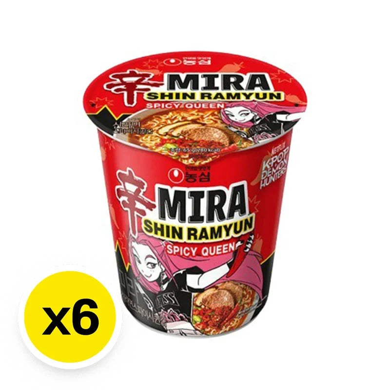 NONGSHIM Mira Shin Ramyun Spicy Queen Cup, 68g, dry instant noodle cup, stacked with noodles and spicy seasoning.