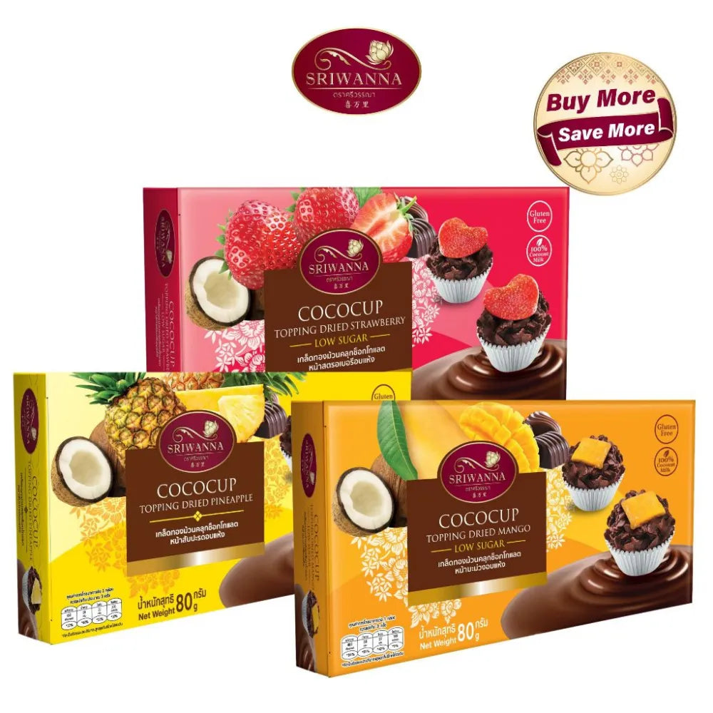 Sriwanna Cococup crispy chocolate coconut topping in an 80g snack cup, featuring chocolate, coconut, and fruit pieces.