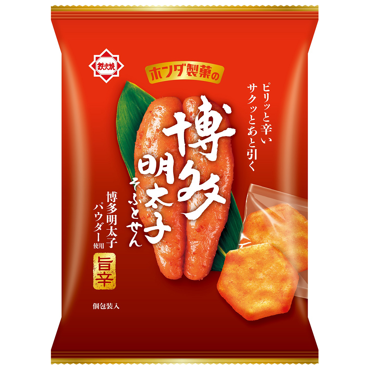 Honda Hakata Mentaiko confectionery snack featuring spicy seasoned cod roe in a colorful package.