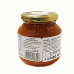 Jar of LA Vieja Fabrica Peach Mermelada in glass with peach chunks, 350g, on a white background.