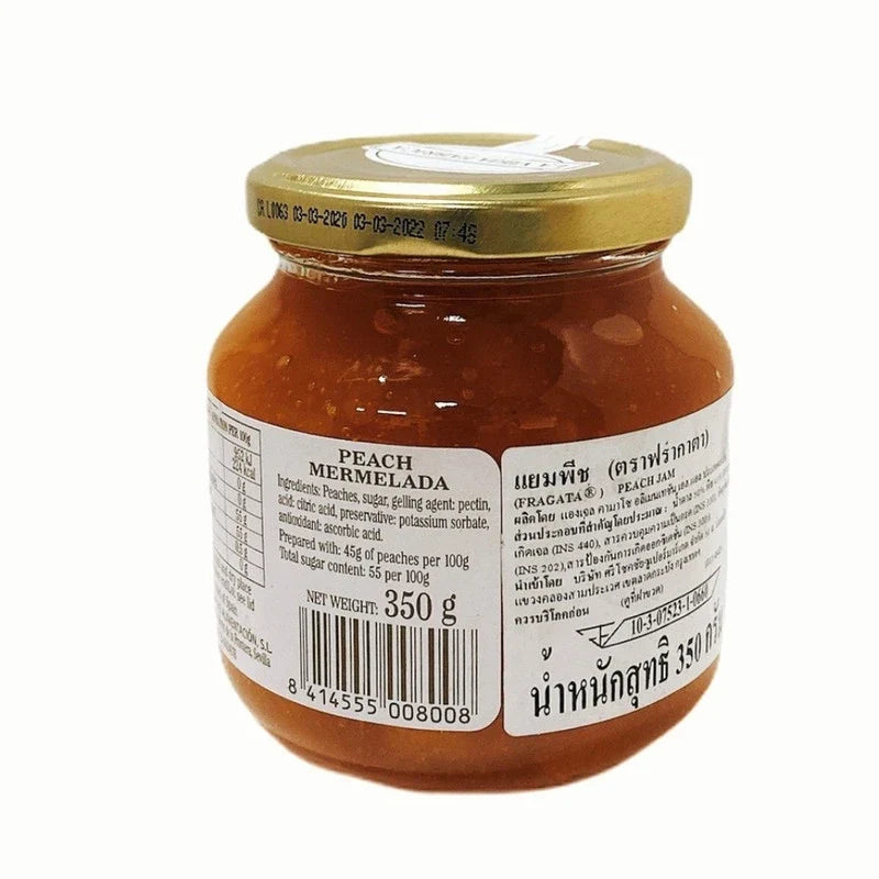Jar of LA Vieja Fabrica Peach Mermelada in glass with peach chunks, 350g, on a white background.