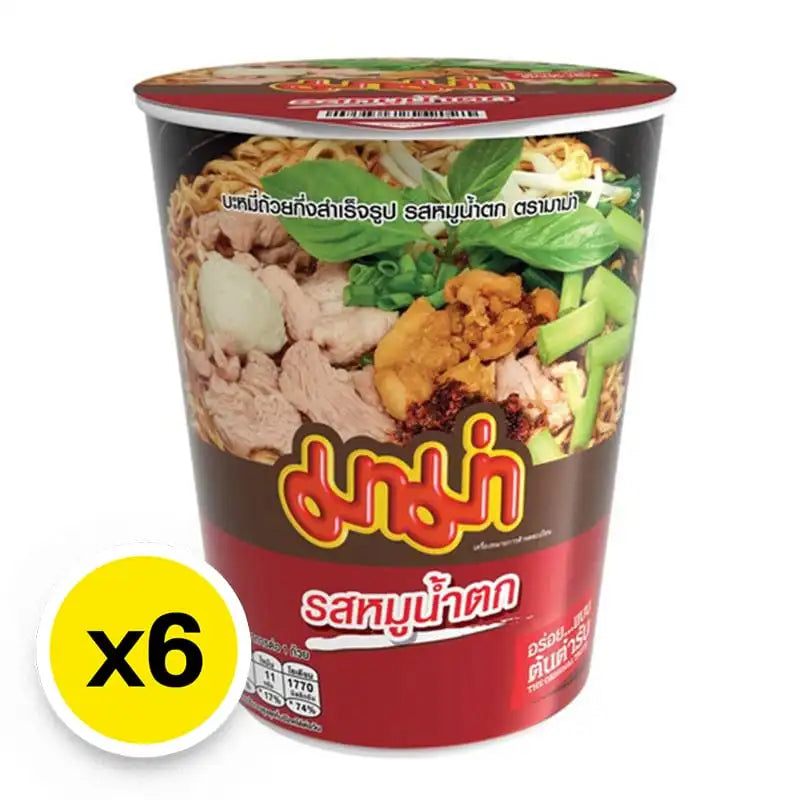 Mama Cup Instant Noodle Moo Namtok 60g, dry grocery product with six packs of flavorful Thai-style dry noodle cups.