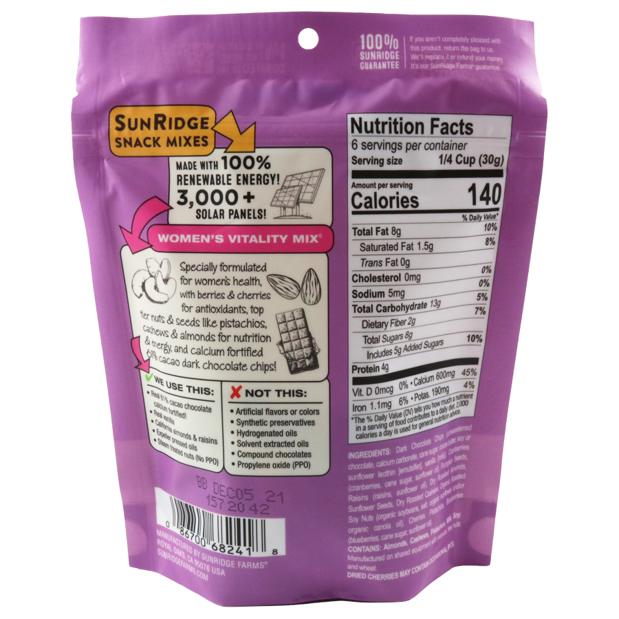 Sunridge Farms Natural Women's Vitality Mix in a resealable bag, featuring assorted confectionery snacks with nuts, berries, and seeds.