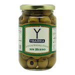 Ybarra Pitted Manzanilla Olives in a bowl, showcasing green olives with smooth, pitted appearance, ideal for snacking or cooking.