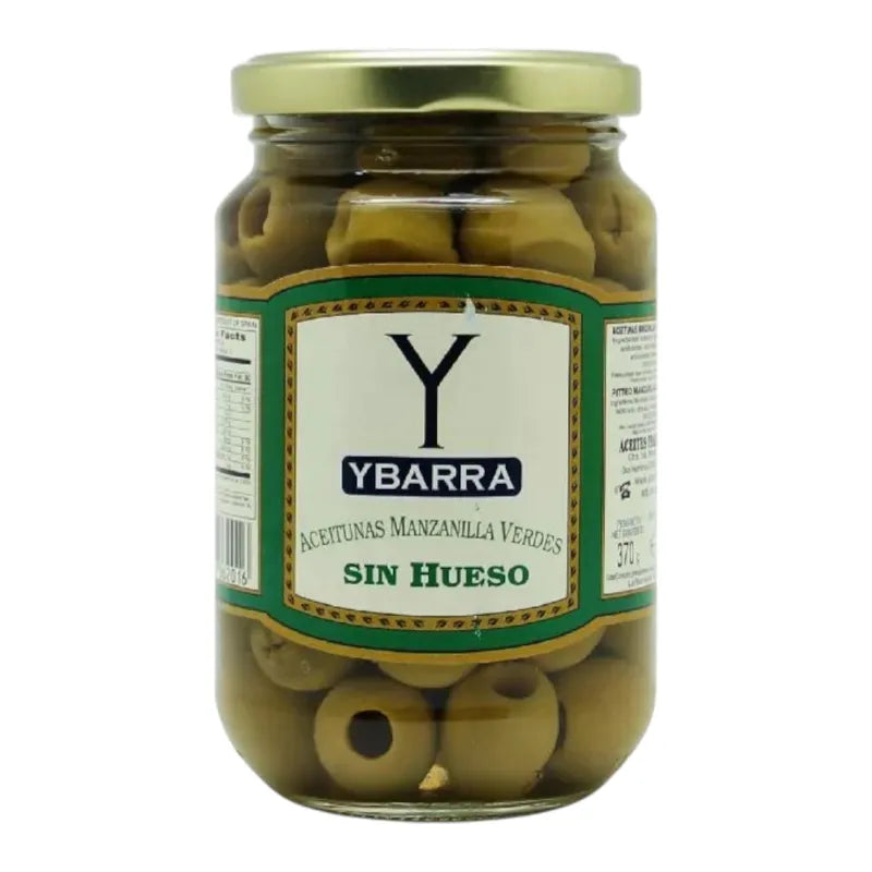 Ybarra Pitted Manzanilla Olives in a bowl, showcasing green olives with smooth, pitted appearance, ideal for snacking or cooking.