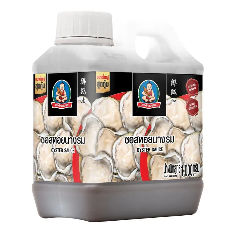 Deksomboon Oyster Sauce Professional 1kg bottle, ideal for cooking, with a dark brown color and label showing brand and product details.