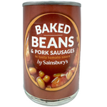 Sainsbury's baked beans in tomato sauce with sausages in a bowl, ready to serve, close-up view of the canned grocery product