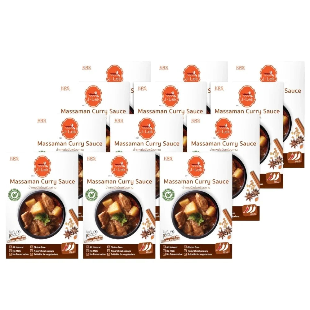 J-LEK Jae Lek Massaman Curry Paste Packets 250g, dry grocery, showing the unopened packets with vibrant label details.