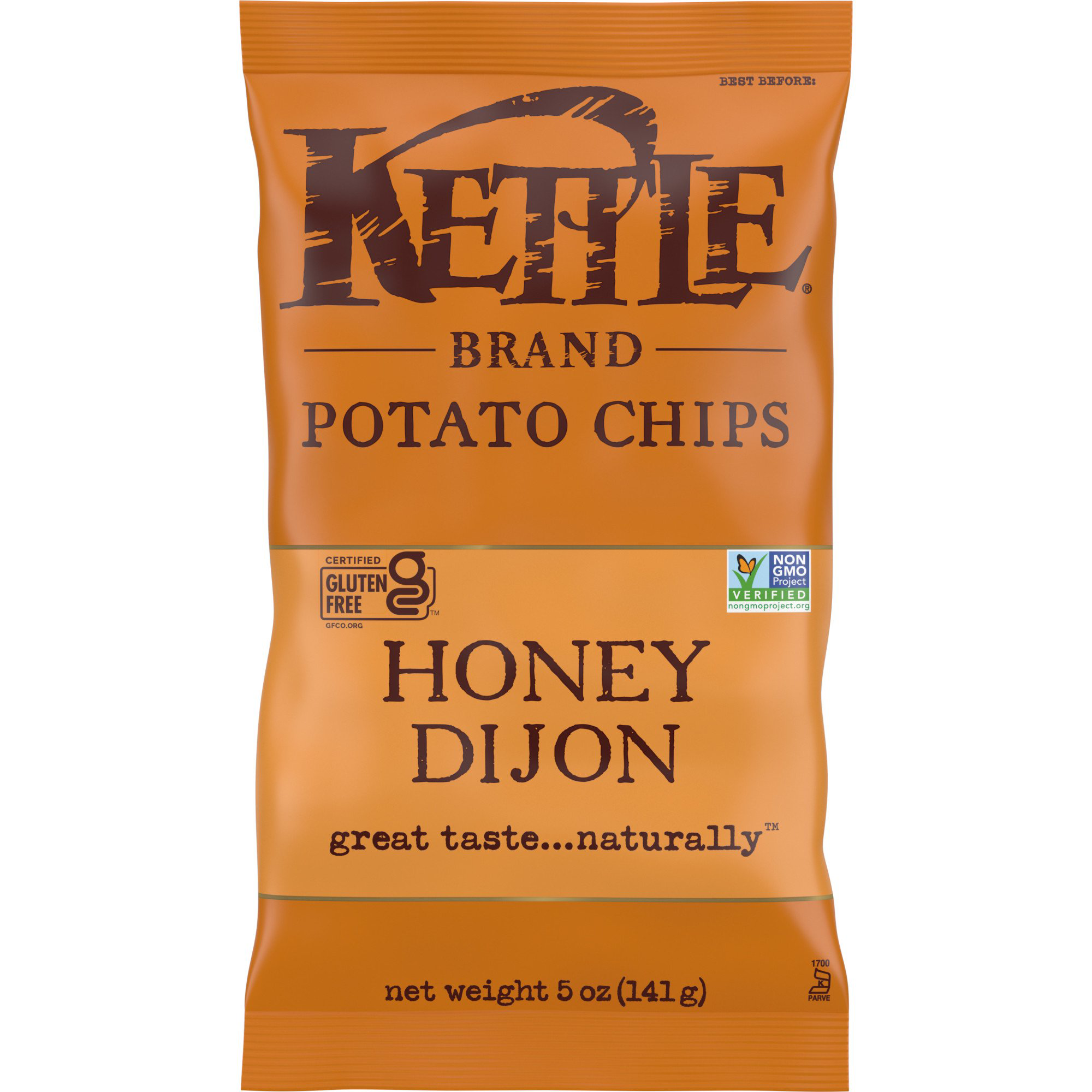 Kettle Honey Dijon confectionery snacks in a bag, showing crispy, honey mustard flavored snack pieces with branding on the package.