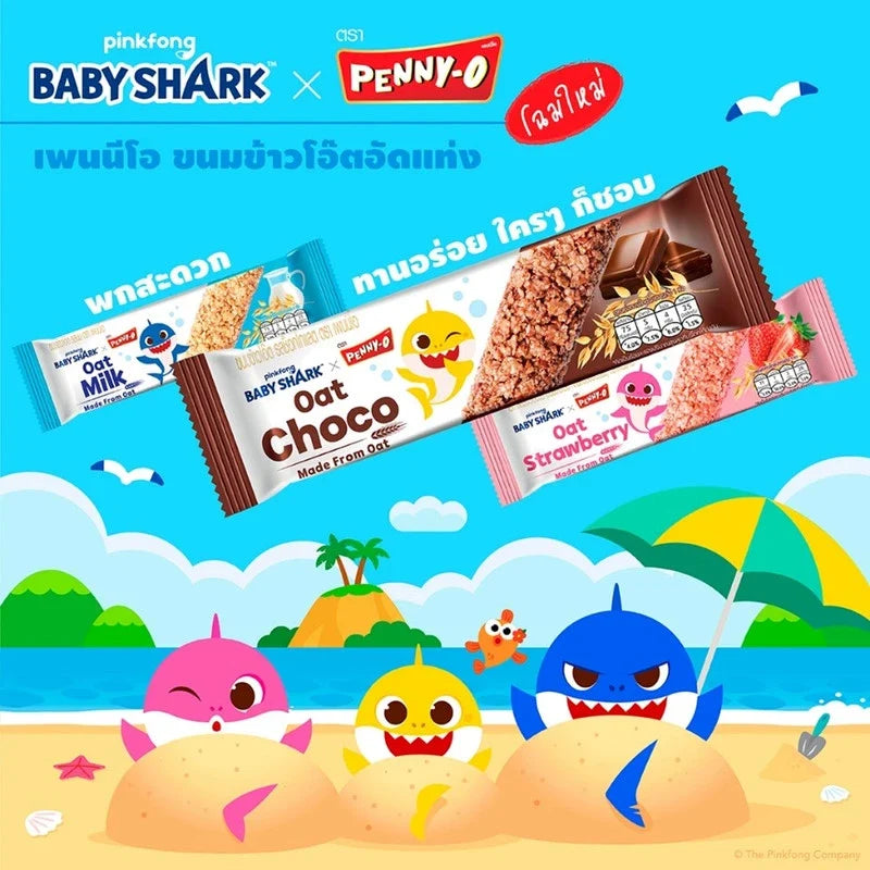 Pennyo Oatmeal Snacks with Baby Shark chocolate flavor, 15g pack, showing multiple snack bars in a colorful package.