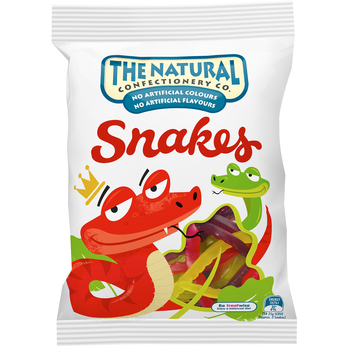 Colorful jelly snakes confectionery snack from The Natural Confectionery Co., featuring vibrant fruit-flavored gummy snakes.