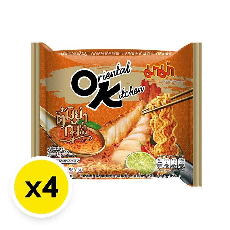 Mama Oriental Kitchen Instant Noodles Shrimp Creamy Tom Yum in a dry grocery package with shrimp and creamy Tom Yum flavor.