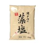 Three 1kg bags of Moshio Setouchi Seaweed Salt made from seawater, featuring dried seaweed salt crystals in clear packaging.