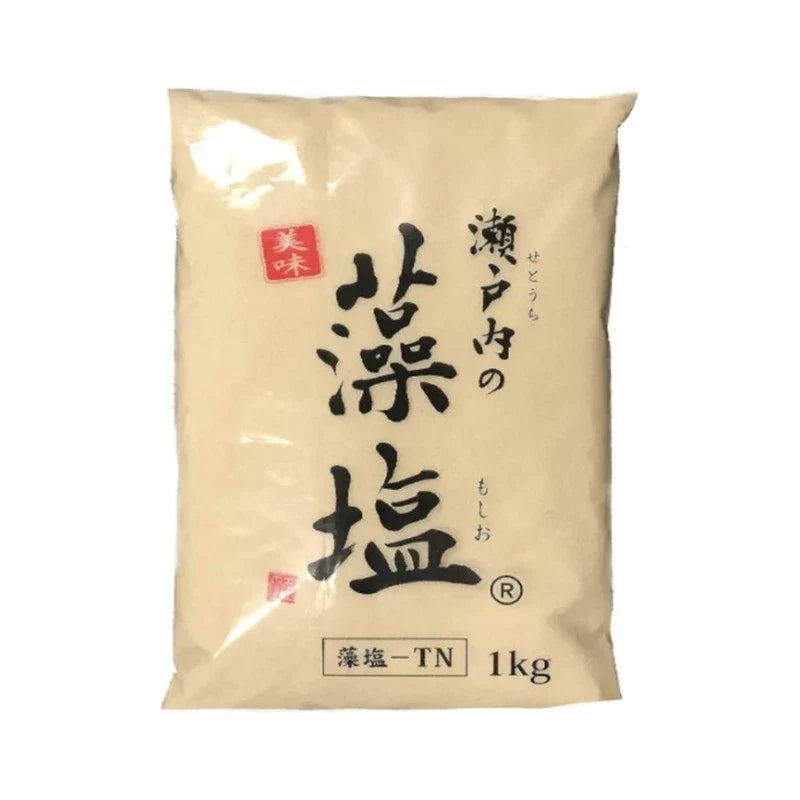 Three 1kg bags of Moshio Setouchi Seaweed Salt made from seawater, featuring dried seaweed salt crystals in clear packaging.