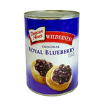 Wilderness Blueberry Pie Filling 595g in a jar, showing vibrant blueberry filling with fresh blueberries and a spoon.