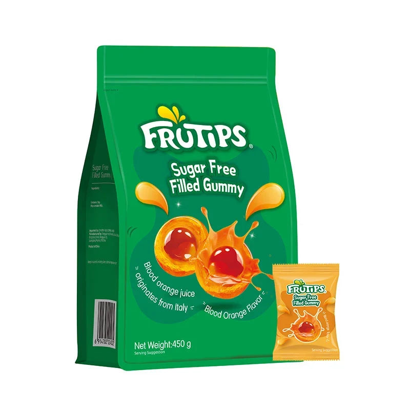 FRUTIPS Blood Orange gummy candies in a 450g bag, colorful dry snack, soft fruit-flavored confections for snacking.