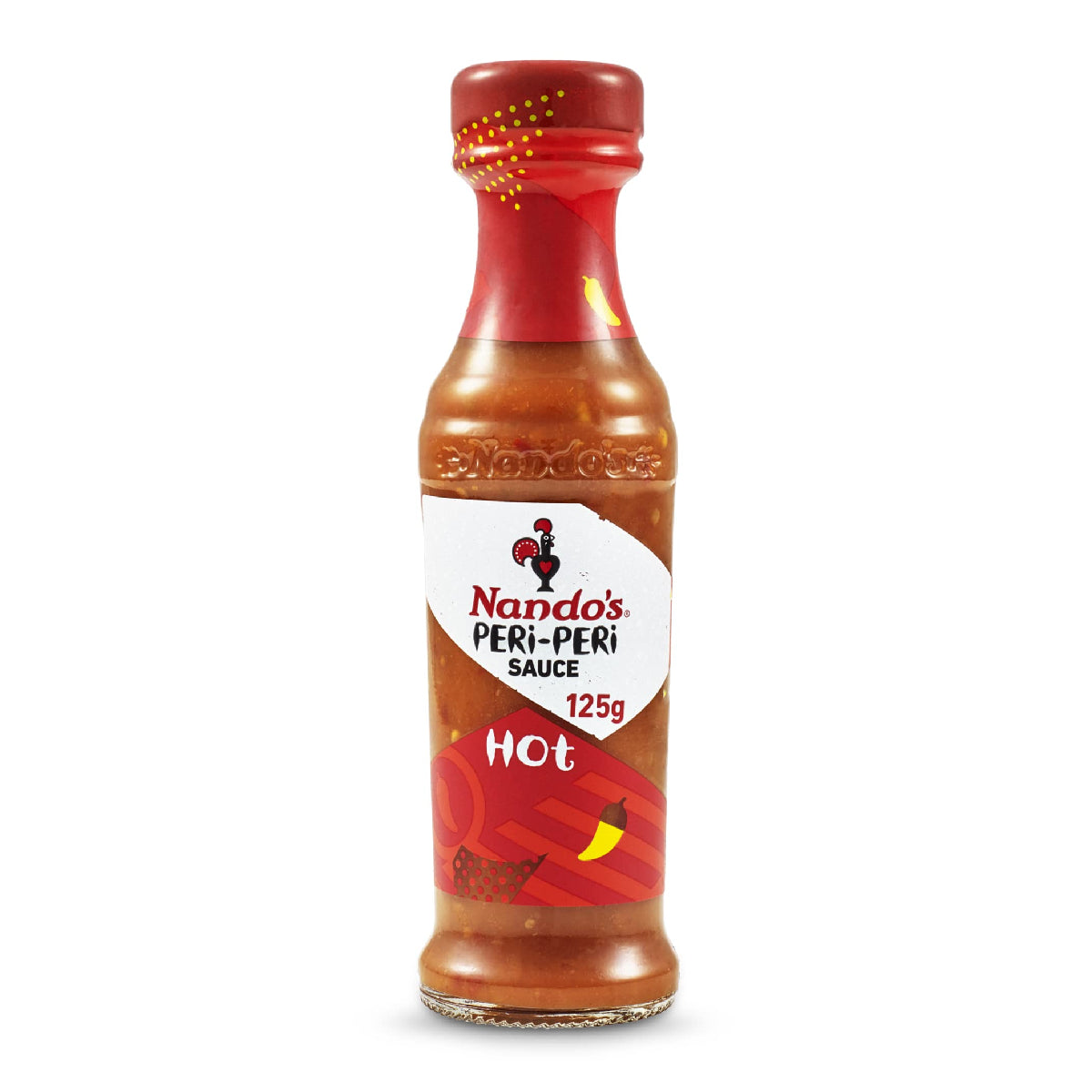 Bottle of Nando's Hot Peri-Peri Sauce with red cap and label, showcasing the spicy Peri-Peri sauce from Nando's brand.