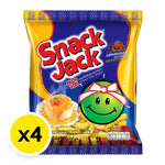 Snackjack Green Pea Snack spicy volcano scallops flavor, dry grocery snack, crispy green pea chips in 62g packs.