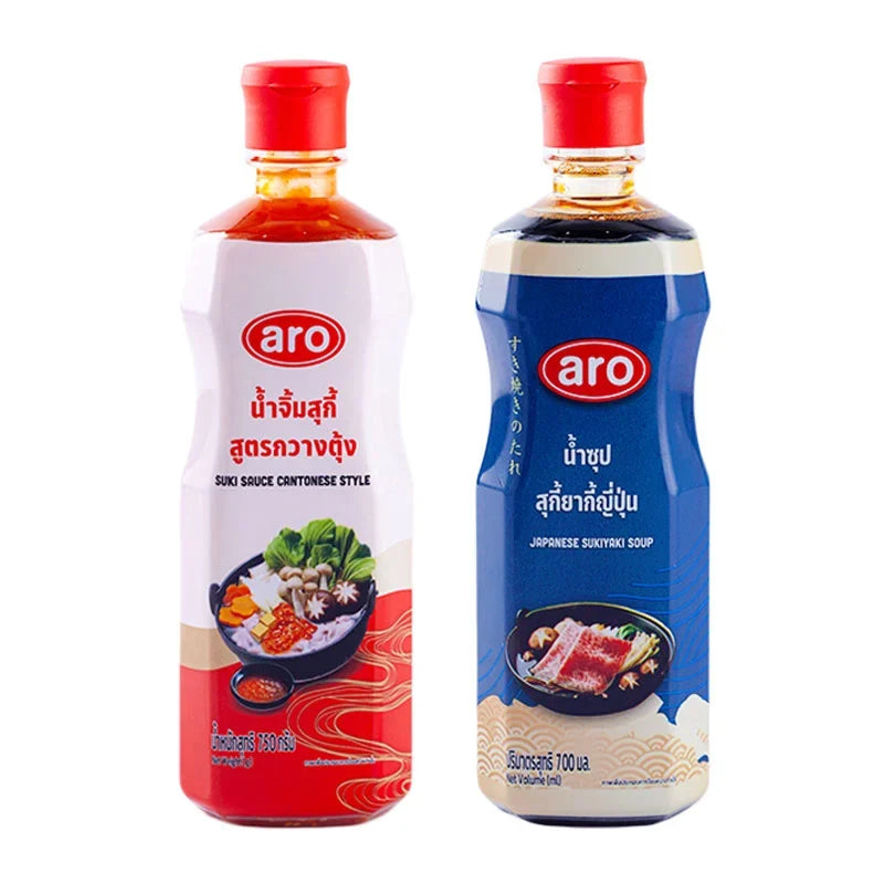 Jar of ARO Suki Sauce Japanese Soup powder, dry grocery product with label showing Japanese flavor ingredients.