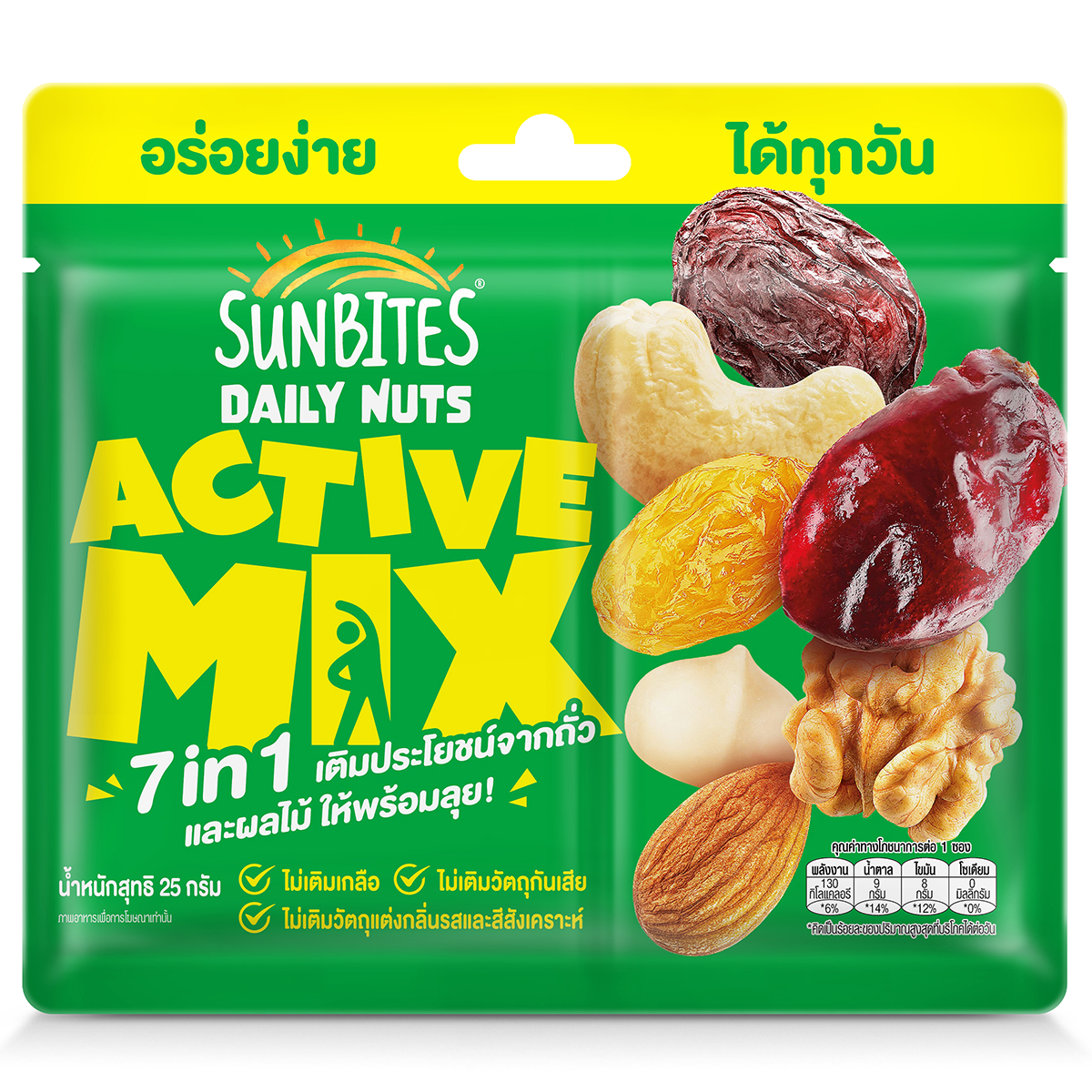 Sunbite Daily Nuts Active Mix in resealable bag featuring a variety of mixed nuts and snack elements for on-the-go snacking.