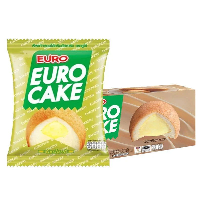 Euro Cake Custard 17g snack packet showing the dry grocery product with colorful packaging and branding.