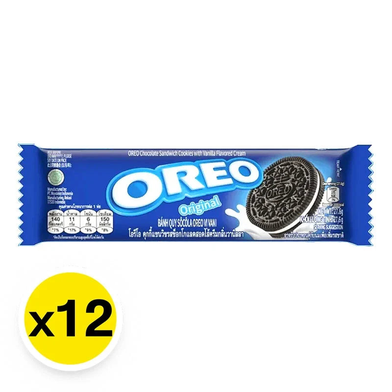 OREO sandwich cookies with vanilla flavored cream, 26.25g x12 pack, crispy chocolate cookies with creamy vanilla filling.